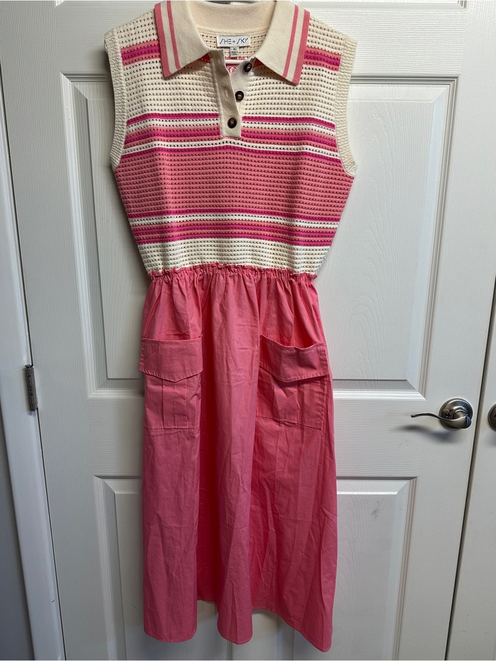 She + Sky Cream and Pink Striped Knit-Paneled Girls Dress - Picture 3 of 3